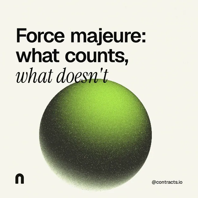 Instagram post for contracts.io: "Force majeure: what counts, what doesn't". Auto 1x1 style, technique:shader field layout, light palette in white, grey.