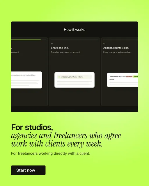 Video for contracts.io: "For studios, agencies and freelancers who agree work with clients every week.". Doc motion loop, 6.0 s, light palette.