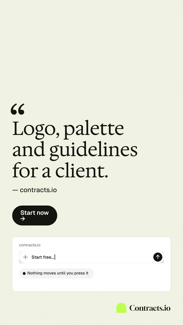 Instagram story for contracts.io: "Logo, palette and guidelines for a client." Data card style, quote layout, light palette in white.