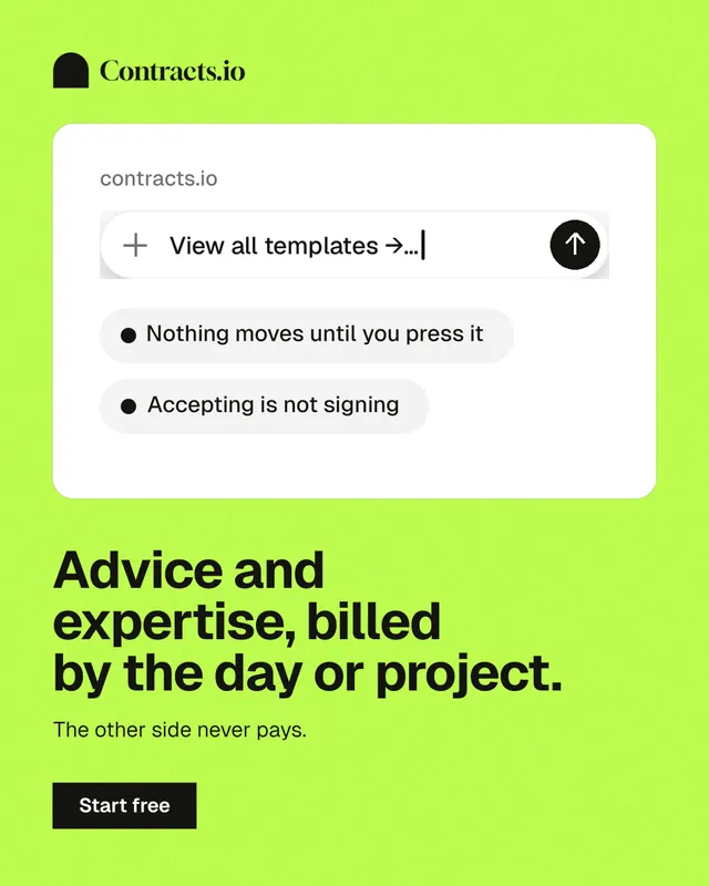Instagram portrait post for contracts.io: "Advice and expertise, billed by the day or project." Swiss style, bottom layout, light palette in green, white.
