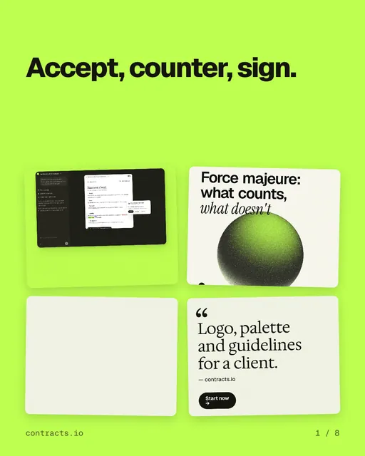 Carousel for contracts.io: "Accept, counter, sign.". Collection carousel, 8 slides, light palette.