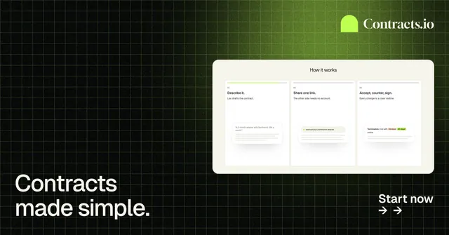 Social ad for contracts.io: "Contracts made simple." Phosphor atlas style, image led layout, dark palette in black, white, green.