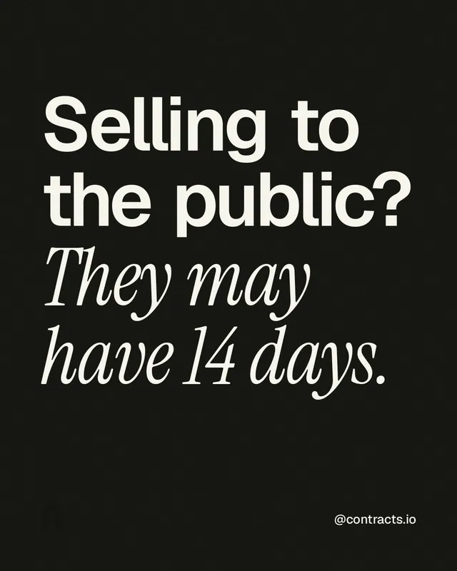 Instagram portrait post for contracts.io: "Selling to the public? They may have 14 days." Editorial style, technique:mixed type lockup layout, dark palette in black, grey.