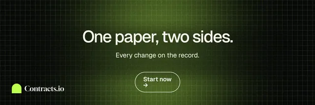 X header for contracts.io: "One paper, two sides." Phosphor atlas style, centred layout, dark palette in green, black.