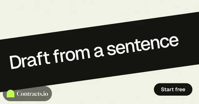 Social ad for contracts.io: "Draft from a sentence". Data card style, diagonal layout, light palette in white, black, grey.