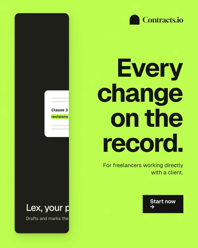 Instagram portrait post for contracts.io: "Every change on the record." Swiss style, right layout, light palette in green, black.