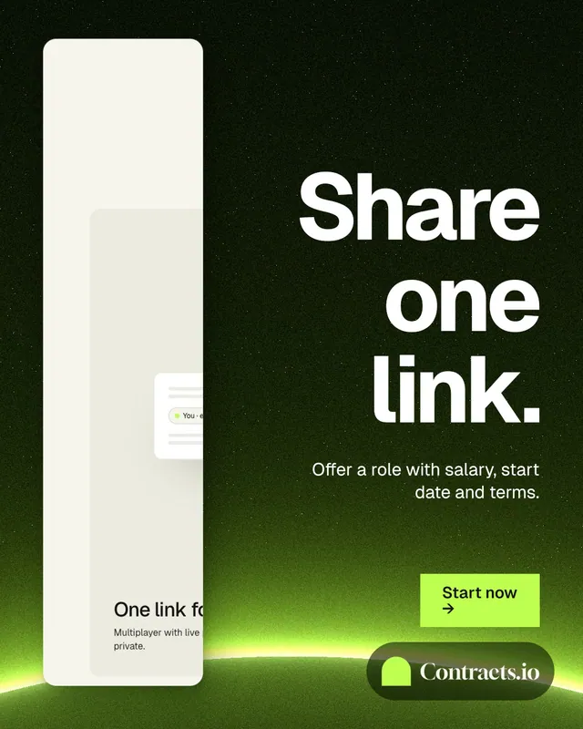 Instagram portrait post for contracts.io: "Share one link." Swiss style, right layout, dark palette in green, black.