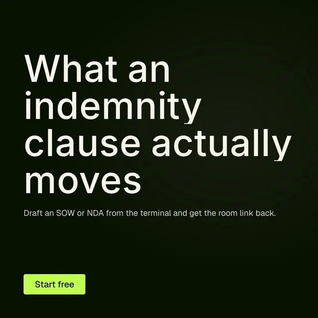 Video for contracts.io: "What an indemnity clause actually moves". Doc motion loop, 7.0 s, dark palette.