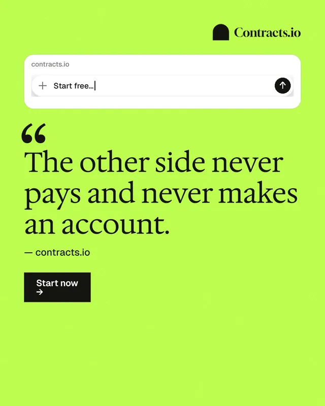 Instagram portrait post for contracts.io: "The other side never pays and never makes an account." Swiss style, quote layout, light palette in green.