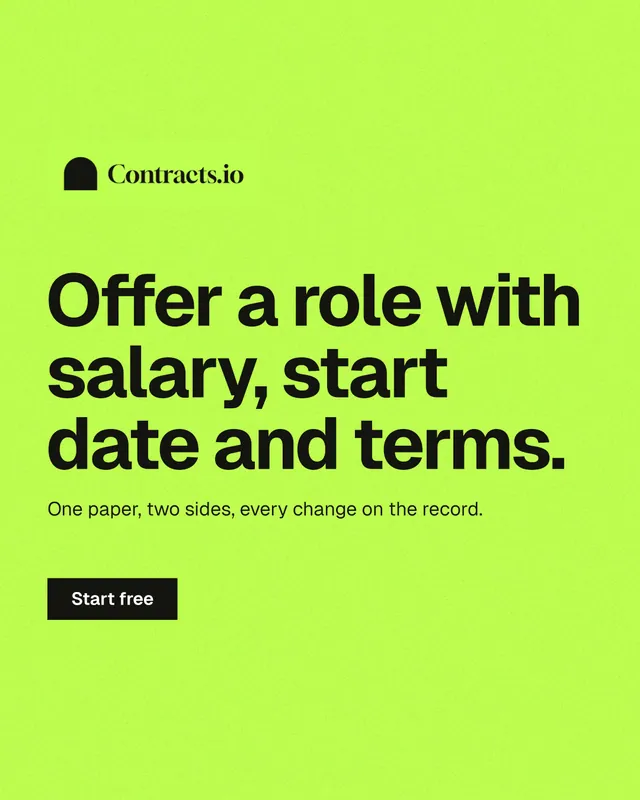 Instagram portrait post for contracts.io: "Offer a role with salary, start date and terms." Swiss style, announce layout, light palette in green.