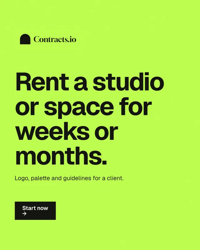 Instagram portrait post for contracts.io: "Rent a studio or space for weeks or months." Swiss style, announce layout, light palette in green.