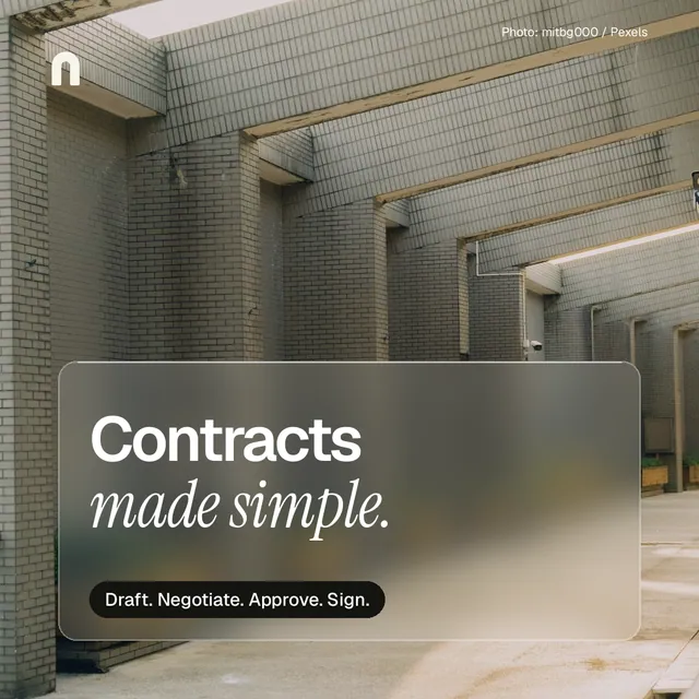 Instagram post for contracts.io: "Contracts made simple." Glass style, technique:pexels ingredient layout, light palette in grey, orange.