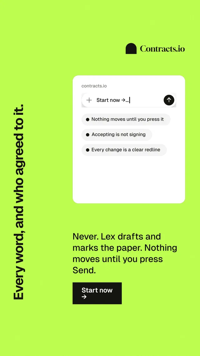 Instagram story for contracts.io: "Every word, and who agreed to it." Swiss style, vertical layout, light palette in green, white.