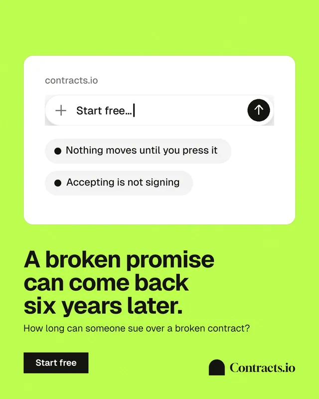 Instagram portrait post for contracts.io: "A broken promise can come back six years later." Swiss style, bottom layout, light palette in white, green.