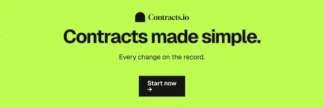 X header for contracts.io: "Contracts made simple." Swiss style, centred layout, light palette in green.