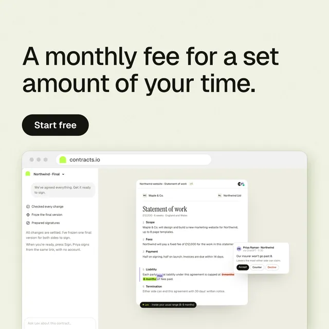 Instagram post for contracts.io: "A monthly fee for a set amount of your time." Data card style, browser layout, light palette in white, yellow, grey.