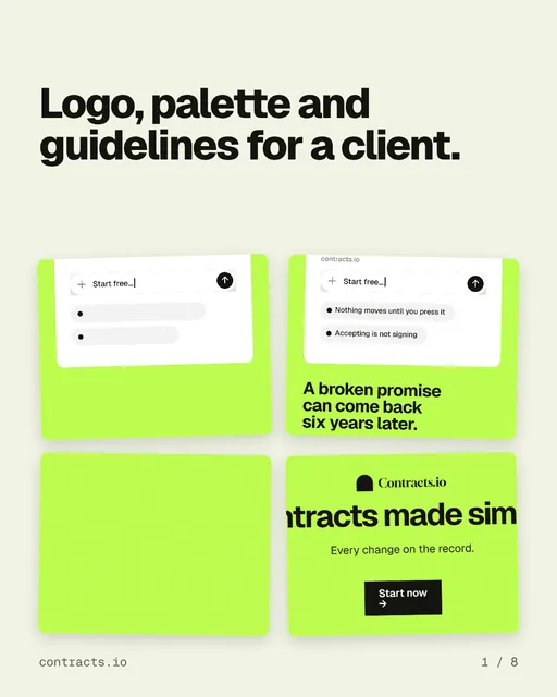 Carousel for contracts.io: "Logo, palette and guidelines for a client.". Collection carousel, 8 slides, light palette.