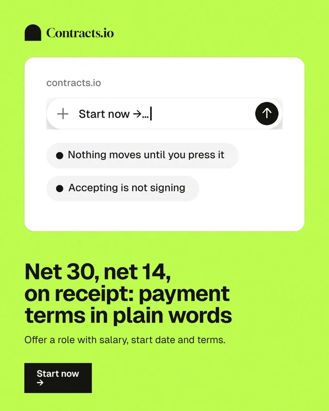 Instagram portrait post for contracts.io: "Net 30, net 14, on receipt: payment terms in plain words". Swiss style, bottom layout, light palette in green, white.