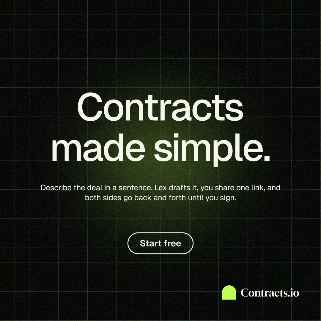 Instagram post for contracts.io: "Contracts made simple." Phosphor atlas style, centred layout, dark palette in black.