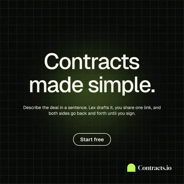 Instagram post for contracts.io: "Contracts made simple." Phosphor atlas style, centred layout, dark palette in black.