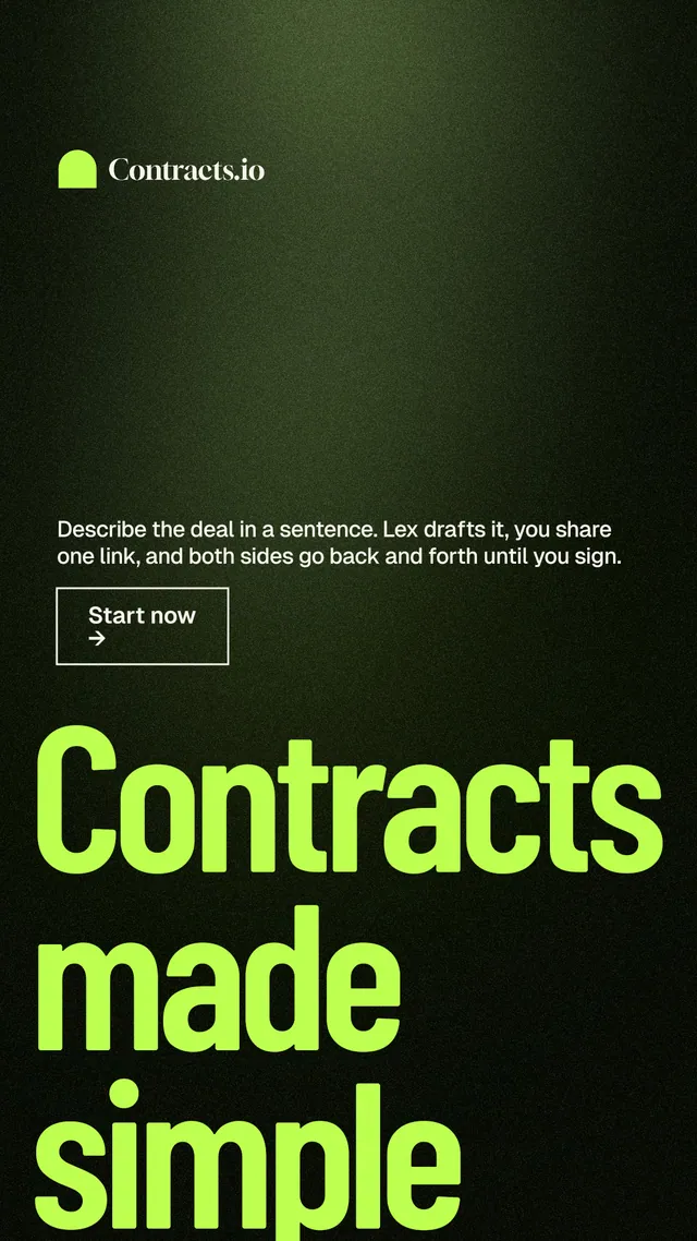 Instagram story for contracts.io: "Contracts made simple." Dark deco style, oversized layout, dark palette in black, green.
