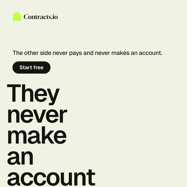 Instagram post for contracts.io: "They never make an account." Data card style, oversized layout, light palette in white, yellow, grey.