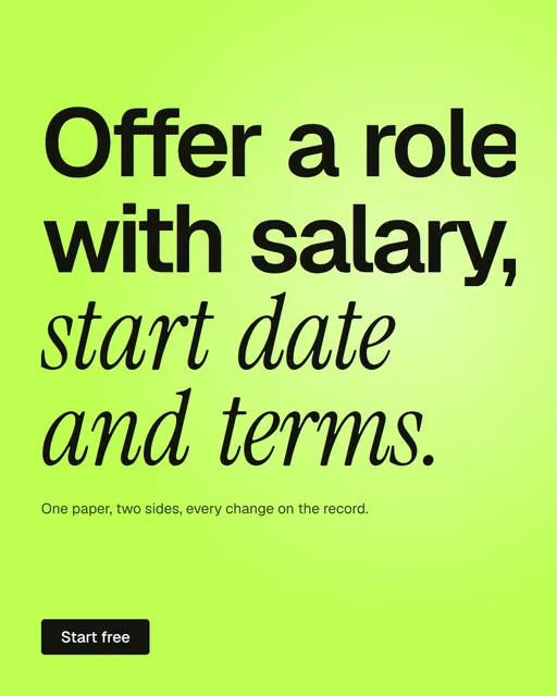 Video for contracts.io: "Offer a role with salary, start date and terms.". Kinetic type grid, 7.0 s, light palette.