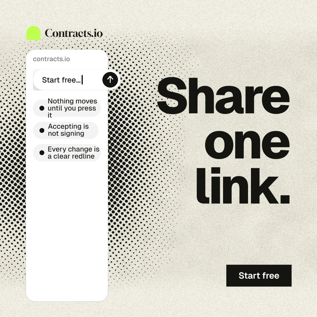 Instagram post for contracts.io: "Share one link." Ink sticker style, right layout, light palette in yellow, white, grey.