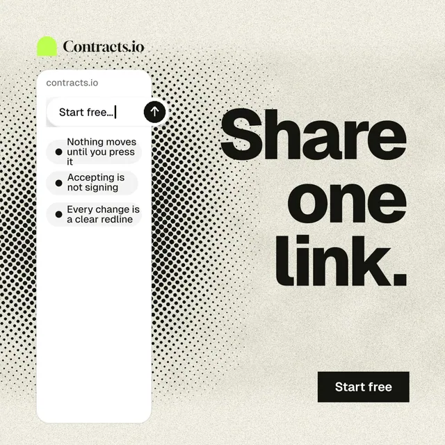 Instagram post for contracts.io: "Share one link." Ink sticker style, right layout, light palette in yellow, white, grey.