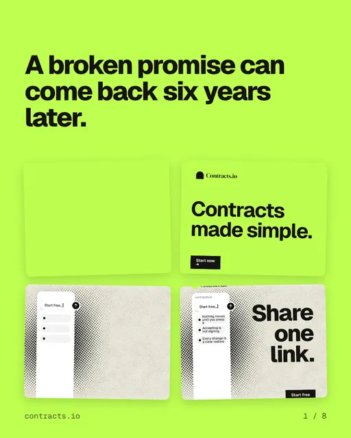 Carousel for contracts.io: "A broken promise can come back six years later.". Collection carousel, 8 slides, light palette.