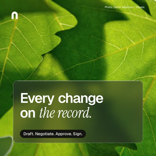 Instagram post for contracts.io: "Every change on the record." Glass style, technique:pexels ingredient layout, dark palette in green.