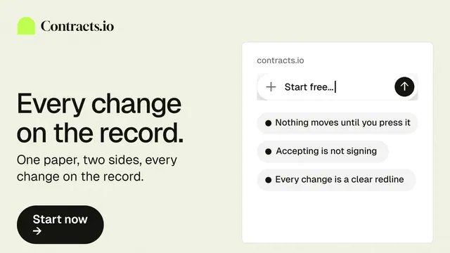 Landscape graphic for contracts.io: "Every change on the record." Data card style, bottom layout, light palette in white, grey.