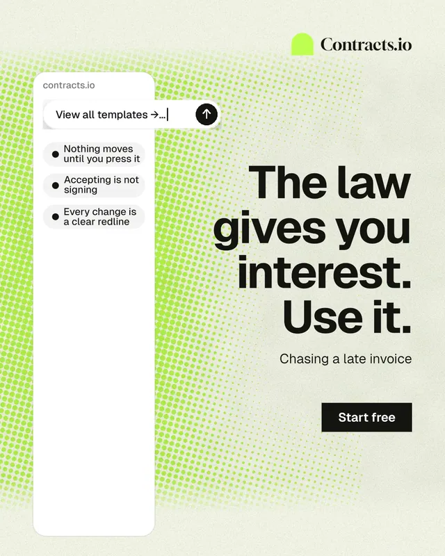 Instagram portrait post for contracts.io: "The law gives you interest. Use it." Swiss style, right layout, light palette in green, white, grey.
