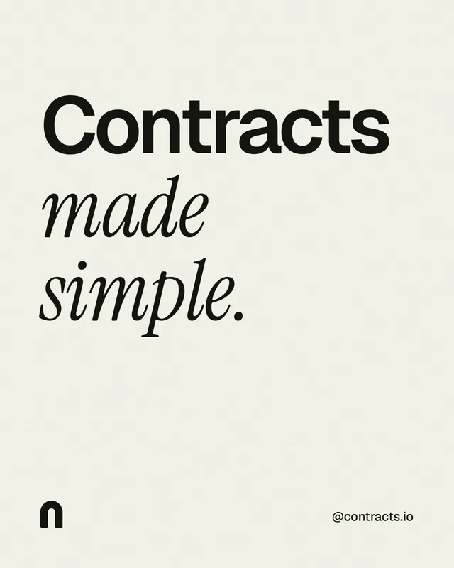 Instagram portrait post for contracts.io: "Contracts made simple." Editorial style, technique:mixed type lockup layout, light palette in white, grey.