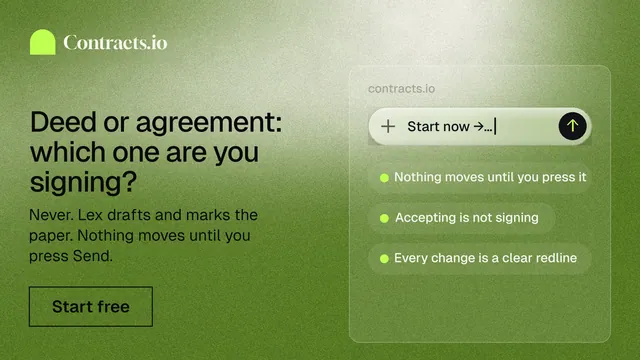 Landscape graphic for contracts.io: "Deed or agreement: which one are you signing?" Cyanotype style, bottom layout, light palette in green.