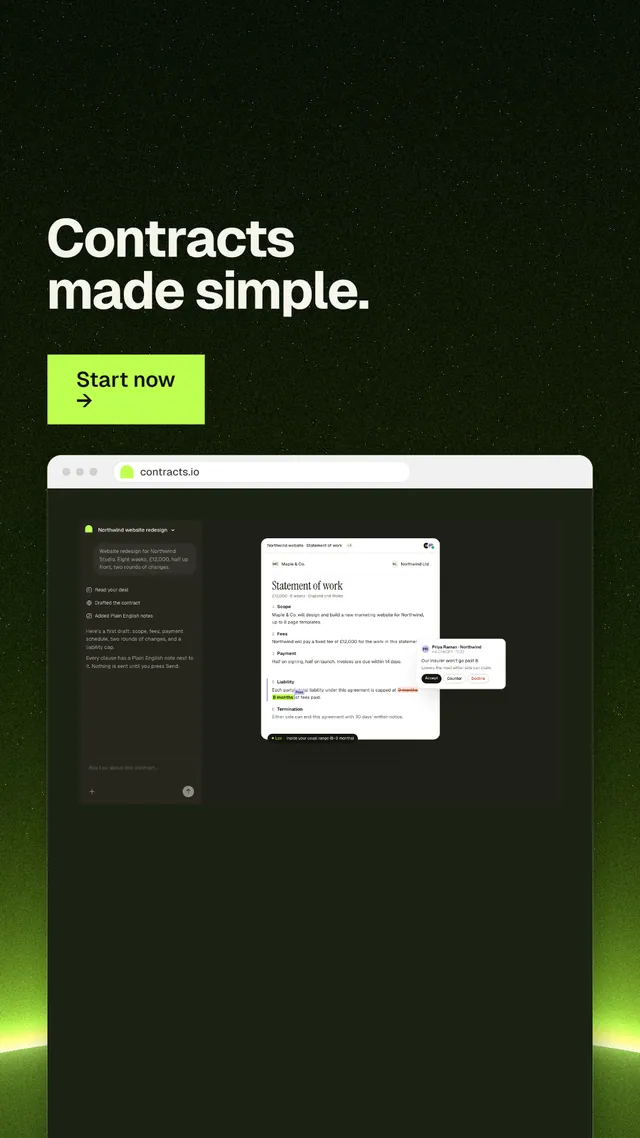 Instagram story for contracts.io: "Contracts made simple." Swiss style, browser layout, dark palette in black, green.