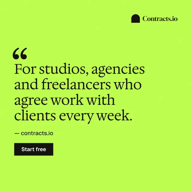 Instagram post for contracts.io: "For studios, agencies and freelancers who agree work with clients every week." Swiss style, quote layout, light palette in green.