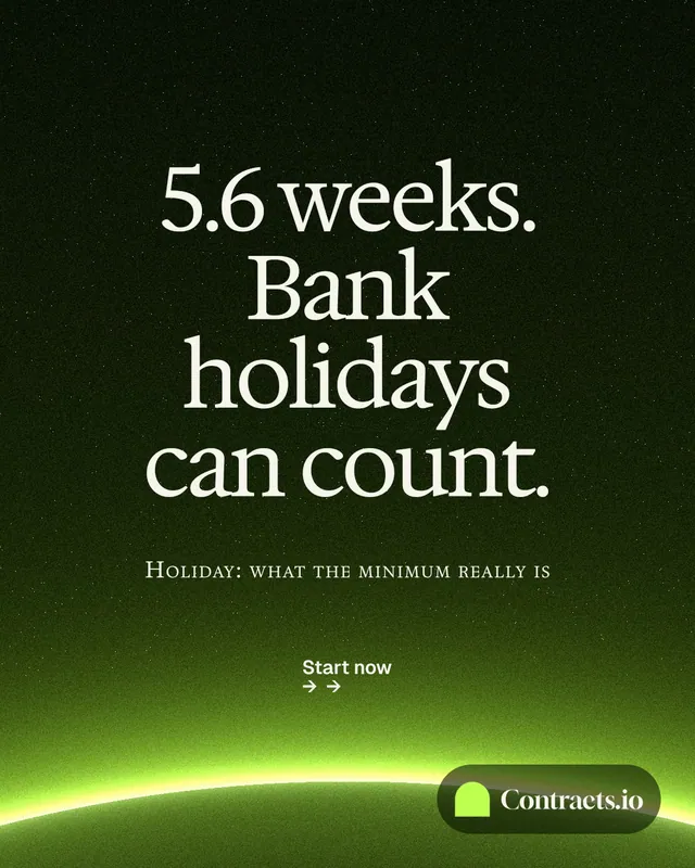 Instagram portrait post for contracts.io: "5.6 weeks. Bank holidays can count." Swiss style, smallcaps layout, dark palette in green, black.