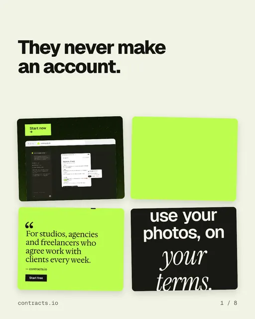 Carousel for contracts.io: "They never make an account.". Collection carousel, 8 slides, light palette.