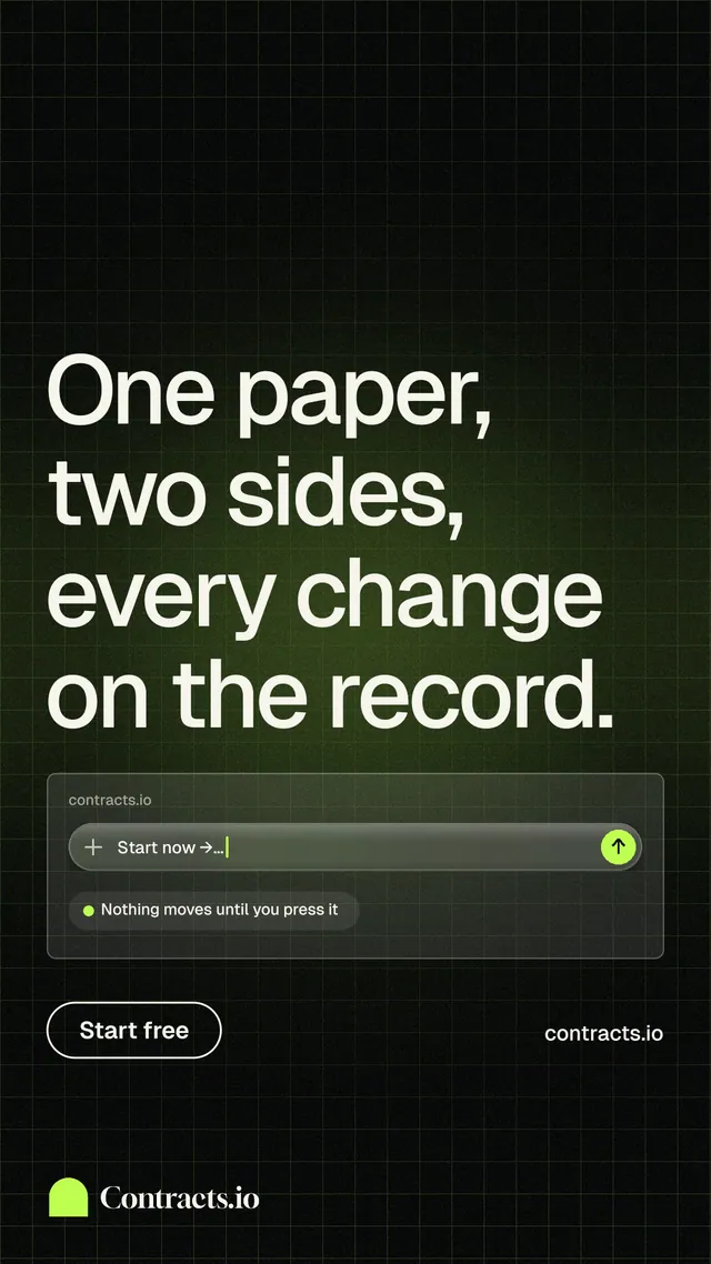 Instagram story for contracts.io: "One paper, two sides, every change on the record." Phosphor atlas style, poster layout, dark palette in black, grey.