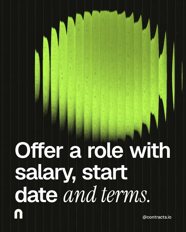 Instagram portrait post for contracts.io: "Offer a role with salary, start date and terms." Auto 4x5 style, technique:shader field layout, dark palette in green, black.