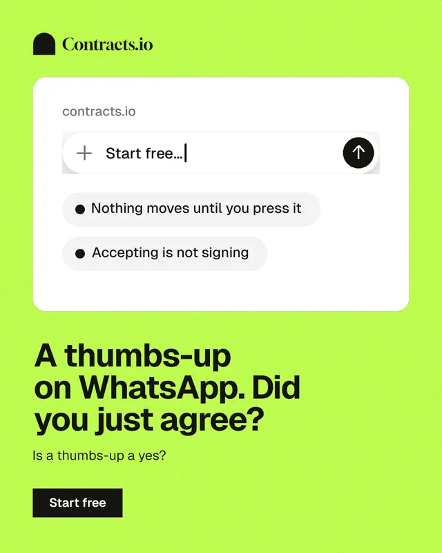 Instagram portrait post for contracts.io: "A thumbs-up on WhatsApp. Did you just agree?" Swiss style, bottom layout, light palette in green, white.