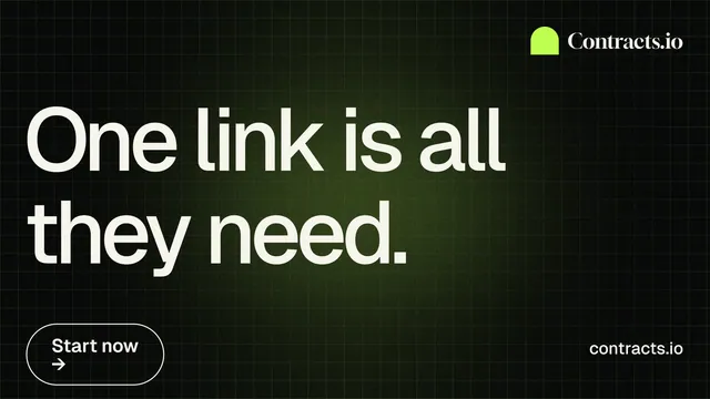 Landscape graphic for contracts.io: "One link is all they need." Phosphor atlas style, poster layout, dark palette in black, grey.