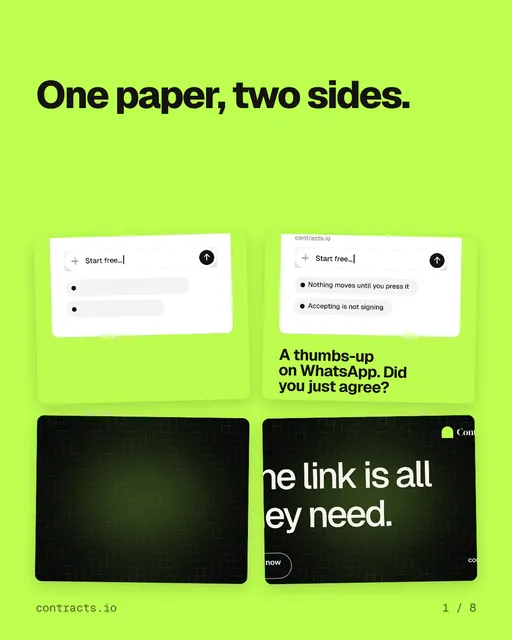 Carousel for contracts.io: "One paper, two sides.". Collection carousel, 8 slides, light palette.