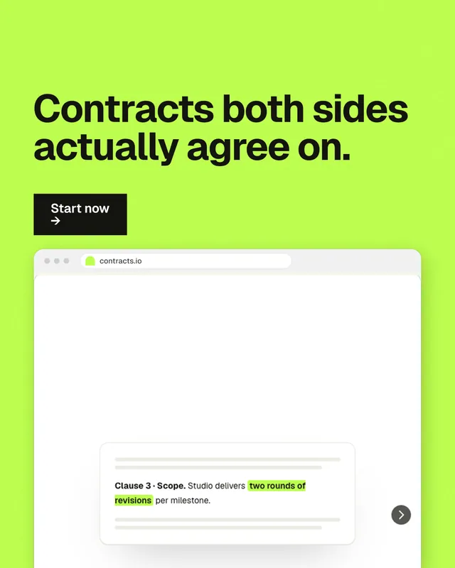 Instagram portrait post for contracts.io: "Contracts both sides actually agree on." Swiss style, browser layout, light palette in white, green.