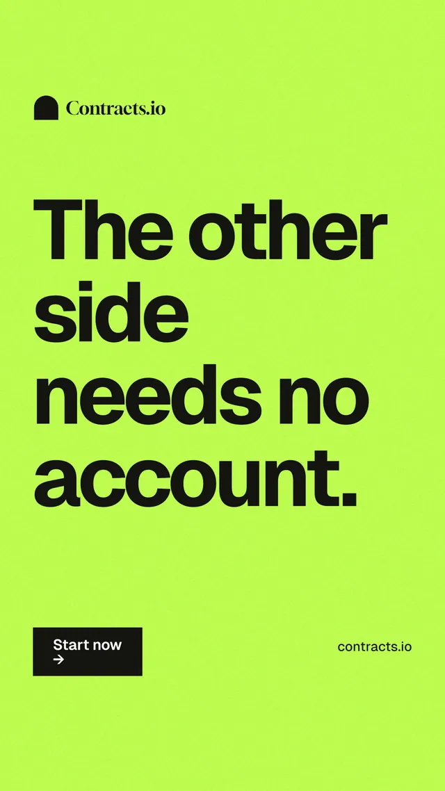 Instagram story for contracts.io: "The other side needs no account." Swiss style, poster layout, light palette in green.