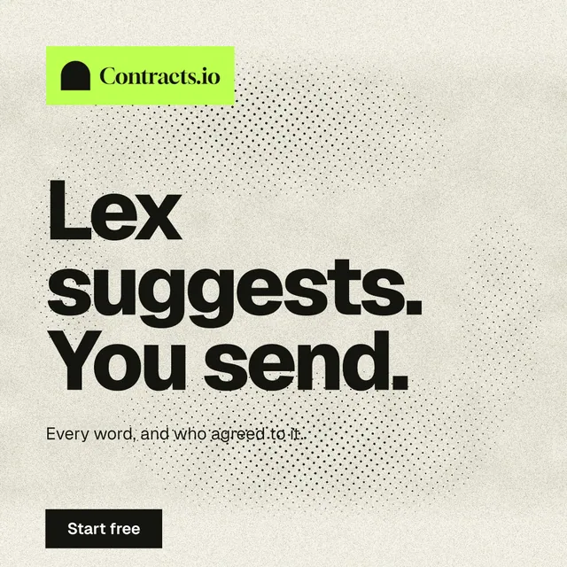Instagram post for contracts.io: "Lex suggests. You send." Ink sticker style, announce layout, light palette in yellow, grey.