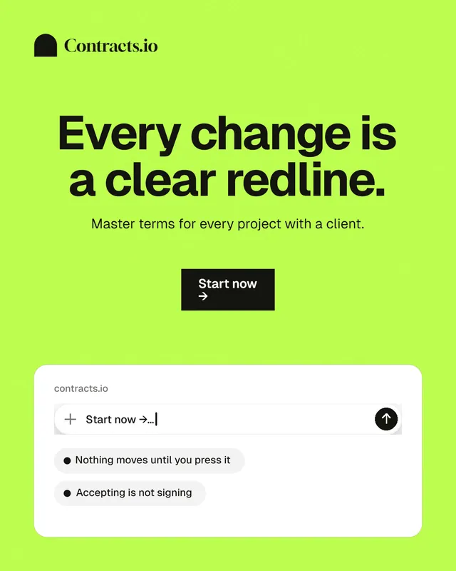Instagram portrait post for contracts.io: "Every change is a clear redline." Swiss style, centred layout, light palette in green, white.