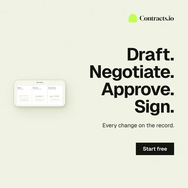 Instagram post for contracts.io: "Draft. Negotiate. Approve. Sign." Swiss style, right layout, light palette in white, grey.