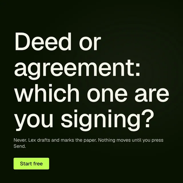 Video for contracts.io: "Deed or agreement: which one are you signing?". Kinetic type grid, 8.0 s, dark palette.
